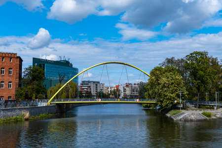Wroclaw, Poland - May 3 2020: Old high long Slodowa footbridge to Slodowa Islandのeditorial素材