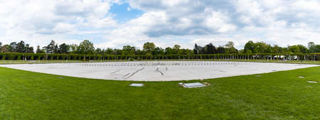 Wroclaw, Poland - May 13 2020: Wide panorama of fountain near pergola and old Centennial Hall