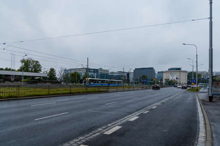 Wroclaw, Poland - May 23 2020: Street view to Strzegomski square with corporate buildings