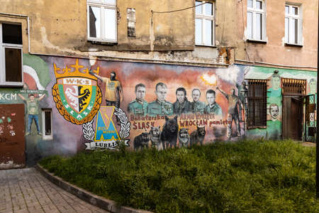Wroclaw, Poland - May 26 2020: Colorful backyards square in Wroclaw full of beautiful paintings on Roosevelt street made by local artistsのeditorial素材