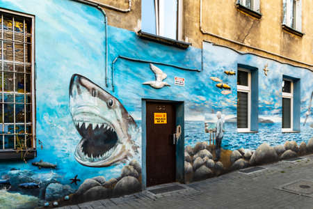 Wroclaw, Poland - May 26 2020: Colorful backyards square in Wroclaw full of beautiful paintings on Roosevelt street made by local artistsのeditorial素材