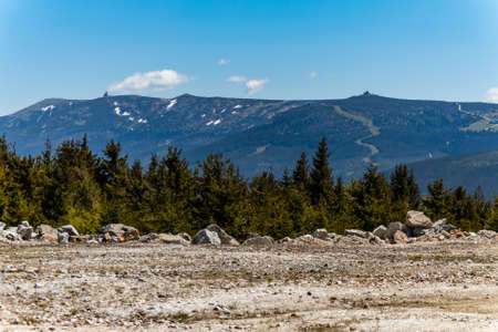 Panorama of Karkonosze Giant Mountains over trees in Szklarska Porebaの写真素材