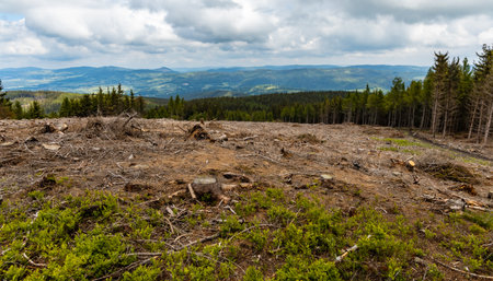 Panorama of Rudawy Janowickie mountains with small glade with felled treesの写真素材