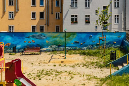 Walbrzych, Poland - June 15 2020: Colorful playground for kids with colorful paintings on wallのeditorial素材