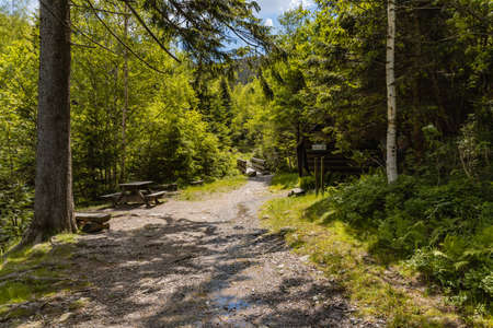 Giant Mountains, Poland - June 23 2020: Rest area with wooden tables and benches next to mountain trailのeditorial素材