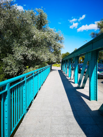 Wroclaw, Poland - July 1 2020: Small bridge above Olawa river next to streetのeditorial素材