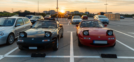 Wroclaw, Poland - July 2 2020 - Meeting of fans of old cars at parking of shopping mallのeditorial素材