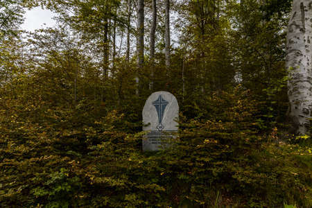 Walbrzych Mountains, Poland - July 7 2020: Stone board at Station of the Cross plaque in mountainsのeditorial素材