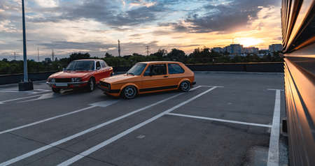 Wroclaw, Poland - July 9 2020: Meeting of fans of old cars at parking of shopping mallのeditorial素材
