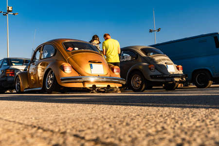 Wroclaw, Poland - July 16 2020: Meeting of fans of old cars at parking of shopping mall