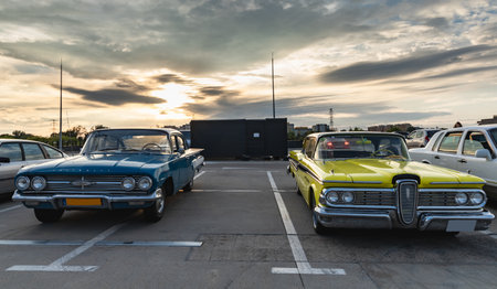 Wroclaw, Poland - July 9 2020: Meeting of fans of old cars at parking of shopping mall