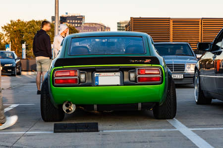 Wroclaw, Poland - July 16 2020: Meeting of fans of old cars at parking of shopping mall