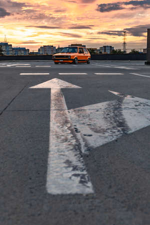 Wroclaw, Poland - July 9 2020: Meeting of fans of old cars at parking of shopping mallのeditorial素材