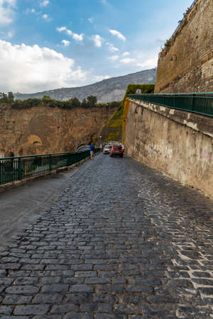 Sorrento, Italy - August 24 2020: Narrow spiral road down to edge of high cliffのeditorial素材