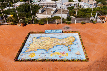 Capri, Italy - August 24 2020: Beauty colorful tiles on terrace of builiding with painted map of Capri islandのeditorial素材