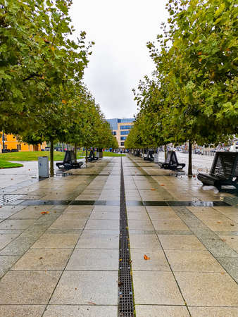 Wroclaw, Poland - September 25 2020: Long path next to main railway station with benches and trees aroundのeditorial素材