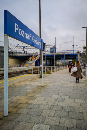 Poznan, Poland - October 2 2020: Big sign of Poznan Glowny at the train platformのeditorial素材