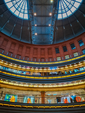 Poznan, Poland - October 2 2020: Ceiling to big hall of Old Brewery shopping mallのeditorial素材