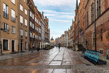 Gdansk, Poland - October 24 2020: Long valley full of shops and restaurants next to town hall