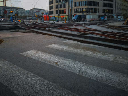 Wroclaw, Poland - November 25 2020: Renovation of road and tram rails at city center