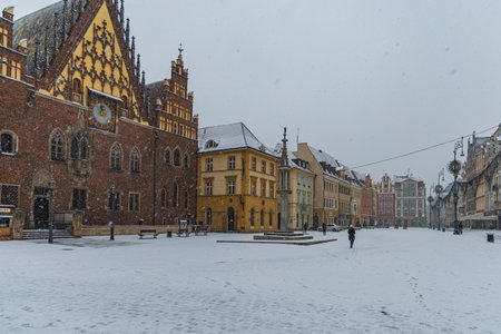Wroclaw, Poland - December 3 2020: Market square full of white fresh snow at winter