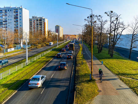 Wroclaw, Poland - December 17 2020: Hallera national road seen from small footbridge over itのeditorial素材