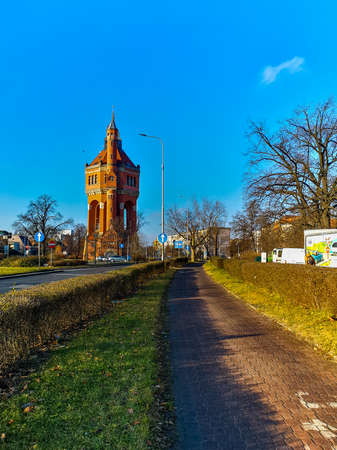 Wroclaw, Poland - December 17 2020: Facade of water tower made from red brick