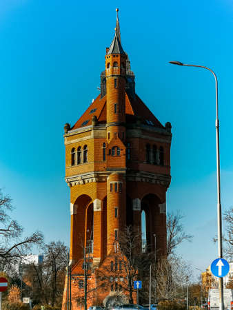 Wroclaw, Poland - December 17 2020: Facade of water tower made from red brick