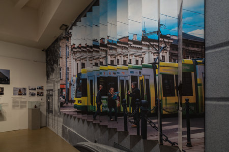Cracow, Poland - February 2021: Exhibition in Oskar Schindler's Enamelware Factory Museumのeditorial素材