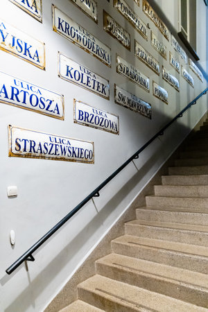 Cracow, Poland - February 2021: Exhibition in Oskar Schindler's Enamelware Factory Museumのeditorial素材