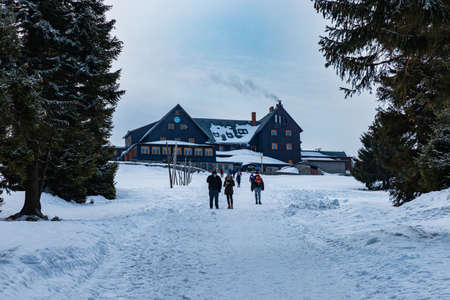 Giant Mountains, Poland - March 2021: Hala Szrenicka shelter building at cloudy winter dayのeditorial素材