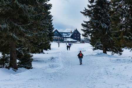 Giant Mountains, Poland - March 2021: Hala Szrenicka shelter building at cloudy winter dayのeditorial素材