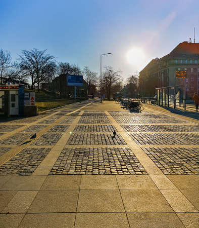 Wroclaw, Poland - March 2021: Small square next to main railway station at sunny morningのeditorial素材