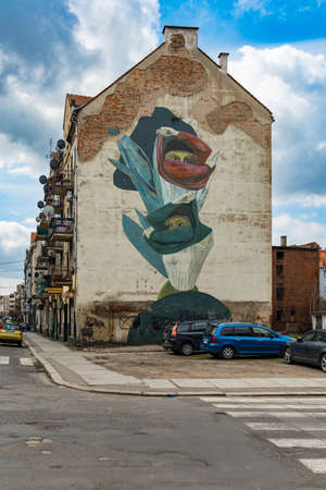 Legnica, Poland - April 2021: Facade of old tenement house with painted mural on the sideのeditorial素材