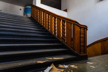 Legnica, Poland - April 2021: Old wooden stairs inside of old Ognisko cinemaのeditorial素材