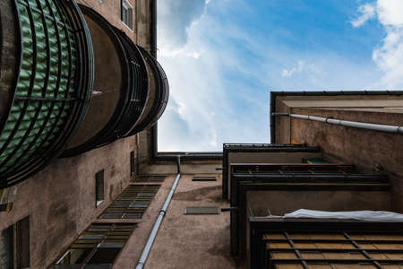 Legnica, Poland - April 2021: Inner corner of old designed tenement buildingのeditorial素材