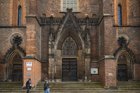 Legnica, Poland - April 2021: Facade of Evangelical-Augsburg Church. Virgin Mary in Legnica