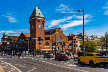 Wroclaw, Poland - April 2021: Facade with tower of old market hall in city centerのeditorial素材