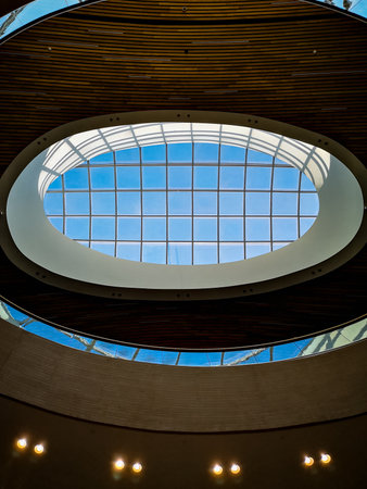 Wroclaw, Poland - June 2021: Looking up to ceiling and round skylight of shopping mallのeditorial素材