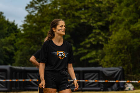 Poznan, Poland - June 2021: An hard extreme obstacle course Survival Race at rainy dayのeditorial素材