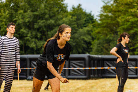 Poznan, Poland - June 2021: An hard extreme obstacle course Survival Race at rainy dayのeditorial素材