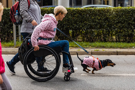 Wroclaw, Poland - September 2022: Dog parade at city center with hundreds of barking and smiling dogsのeditorial素材