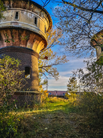 Malczyce, Poland - October 2021: Big red brick tower of observation point next to railway stationのeditorial素材
