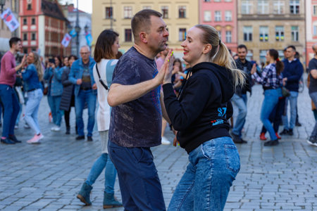 Wroclaw, Poland - April 2022: Rueda de Casino open event at market square