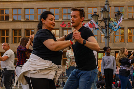 Wroclaw, Poland - April 2022: Rueda de Casino open event at market squareのeditorial素材