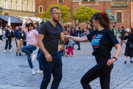 Wroclaw, Poland - April 2022: A lot of people dancing Rueda de Casino open event at market squareのeditorial素材