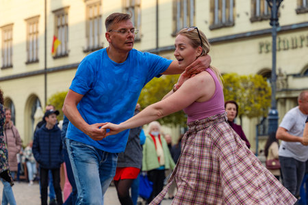 Wroclaw, Poland - April 2022: A lot of people dancing Rueda de Casino open event at market squareのeditorial素材