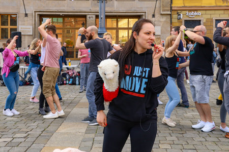 Wroclaw, Poland - April 2022: A lot of people dancing Rueda de Casino open event at market squareのeditorial素材