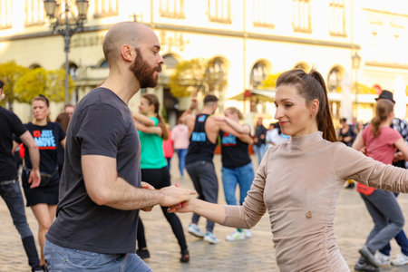 Wroclaw, Poland - April 2022: A lot of people dancing Rueda de Casino open event at market squareのeditorial素材