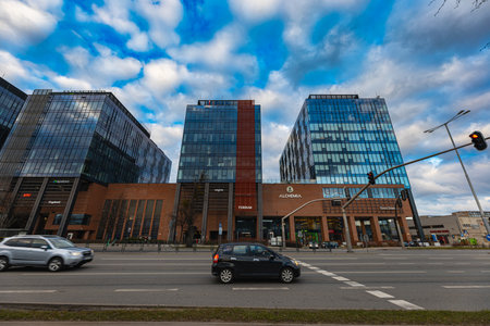 Gdansk, Poland - April 2022: Alchemia square with few modern big corporate buildingsのeditorial素材